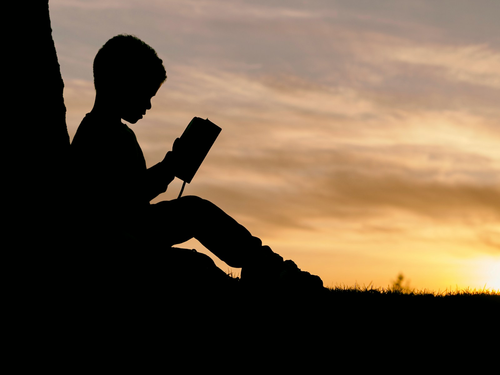 Photo by Aaron Burden silhouette of child sitting behind tree during sunset